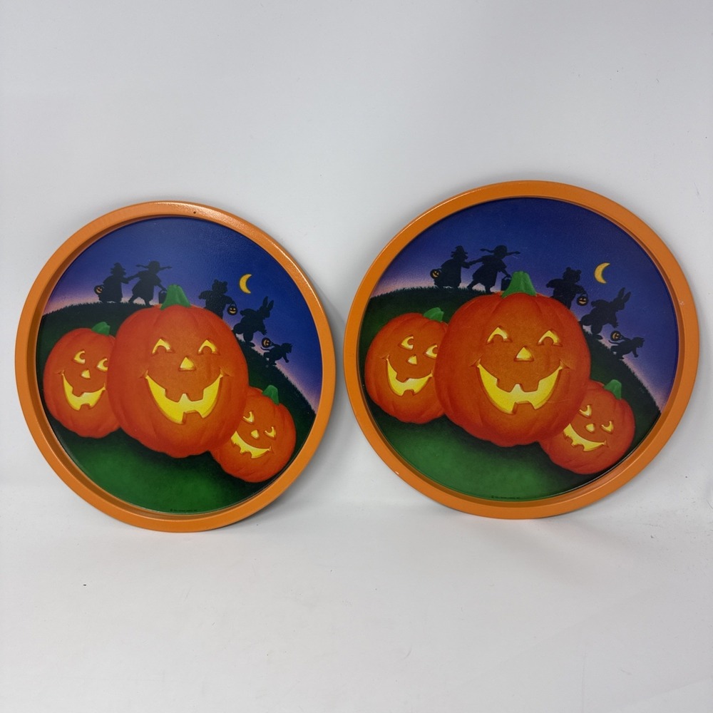 Set Of 2 VTG Hallmark Pumpkins Halloween Round Tin Serving Tray Jack O Lantern
